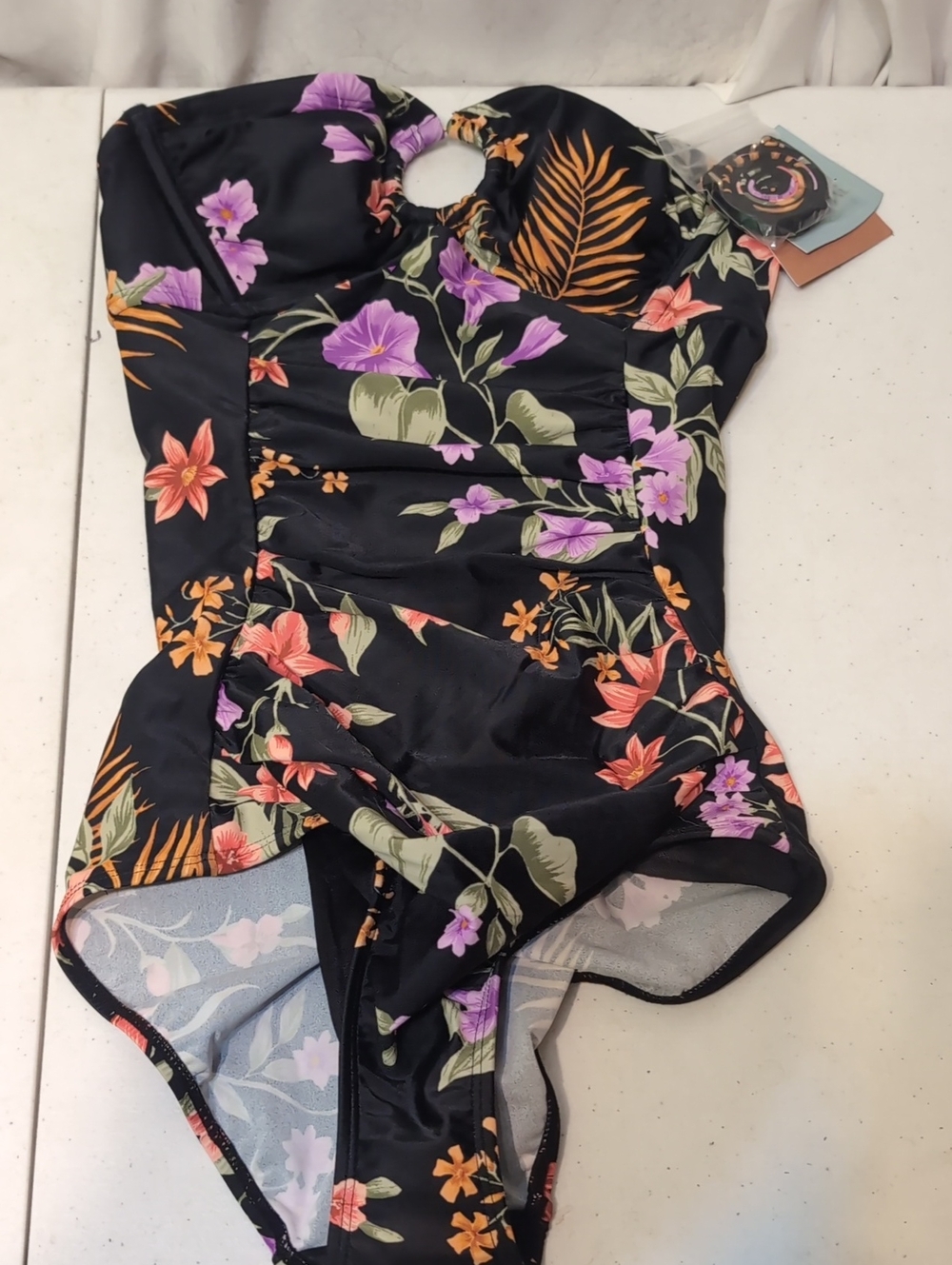 Shade & Shore Black Floral One-Piece Swimsuit with Keyhole Size X Small NWT